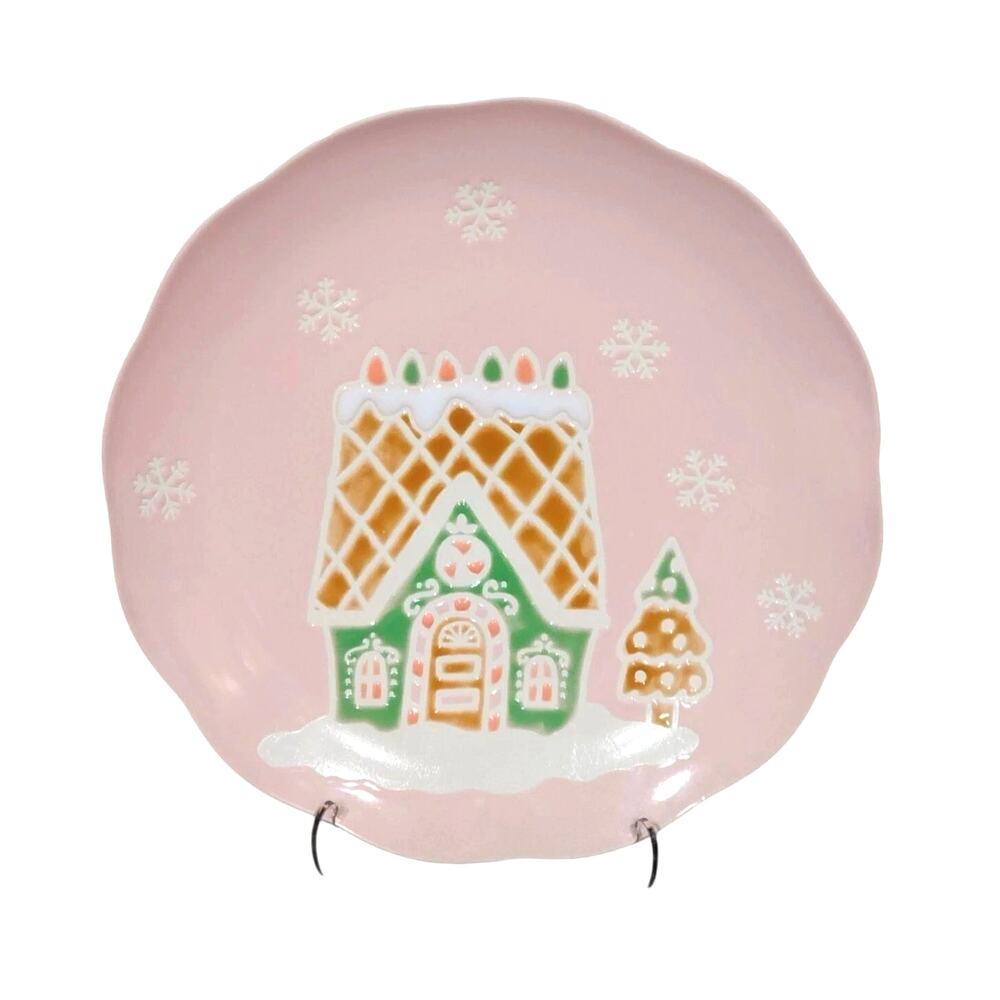 4pc Eli + Ana PINK GINGERBREAD HOUSE Dinner Plates 10.5in Ceramic Pinkmas NEW